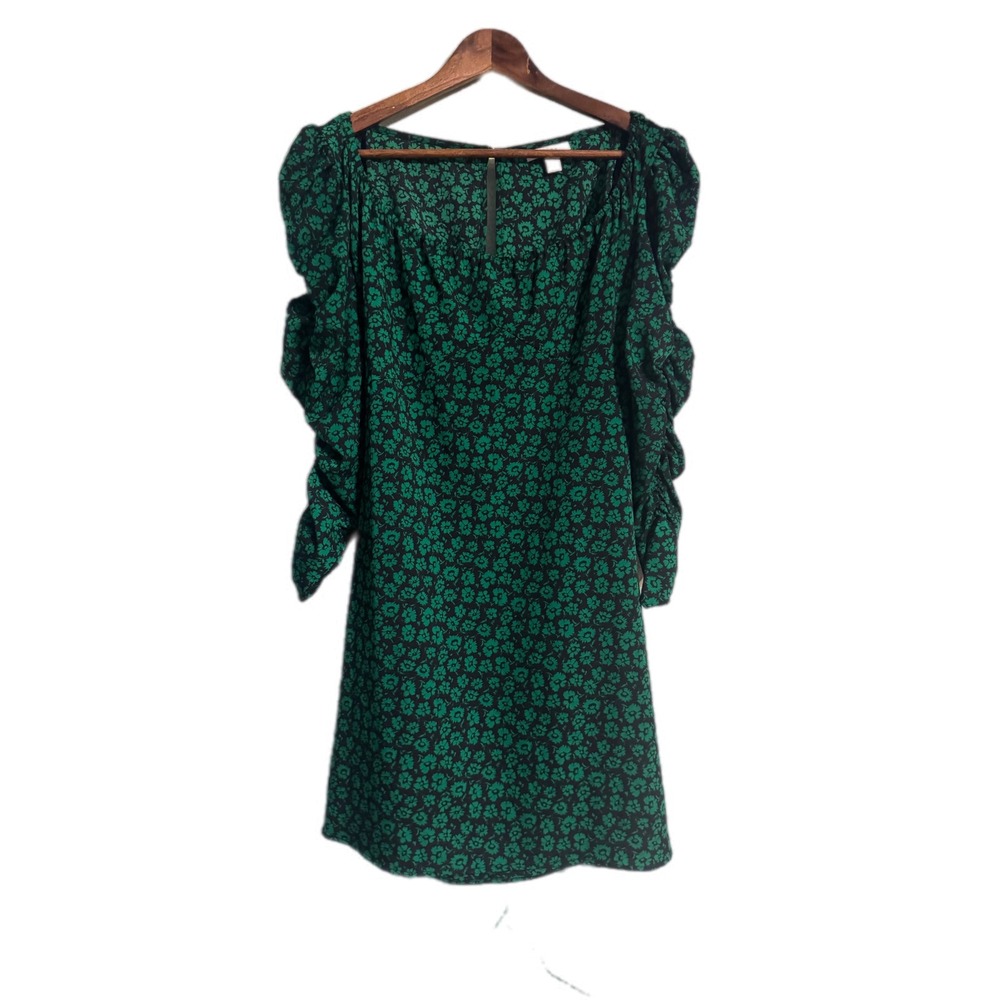 Topshop Floral Mini Dress Womens US 10 Green Black Ruched Puff Sleeve‎ Excellent